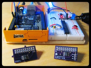 The Hashlet test bed.  I'm currently using the breakout board, but the production units are the bottom right with the I2C test points.
